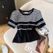 Women's Rib-Knit Ice Silk Short Sleeve Top, Striped Cropped Tee For Summer, Soft Breathable Casual Shirt_ecoleips.com