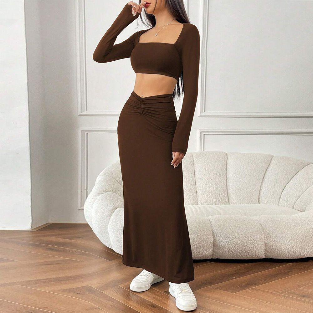 Voya Women's 2026 Spring/Summer New Collection Simple And Elegant Fashion Set Short Top Long Skirt Two Piece Set_ecoleips.com