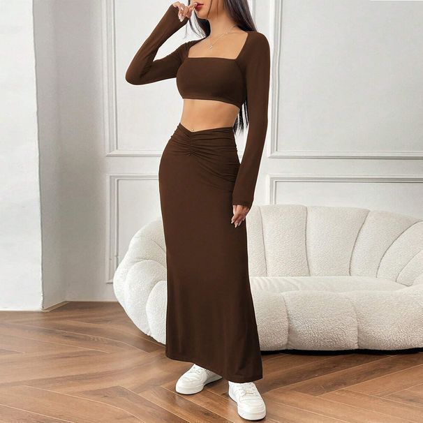 Voya Women's 2026 Spring/Summer New Collection Simple And Elegant Fashion Set Short Top Long Skirt Two Piece Set_ecoleips.com