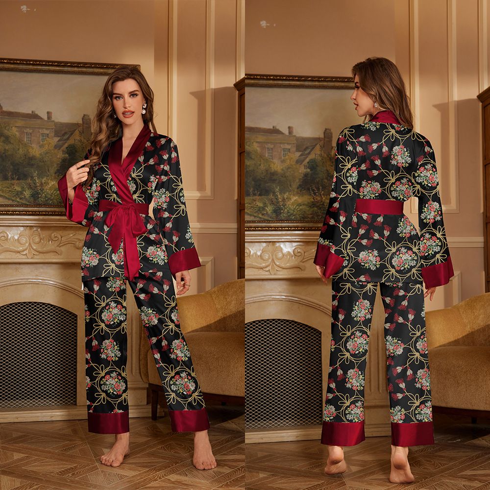 Women’s Clothing New Silk Pajamas Autumn Women's Long Sleeved Suit Stylish Color Ice Silk Home Two Piece Pajamas_ecoleips.com