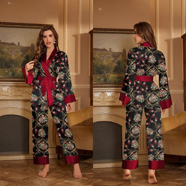 Women’s Clothing New Silk Pajamas Autumn Women's Long Sleeved Suit Stylish Color Ice Silk Home Two Piece Pajamas_ecoleips.com