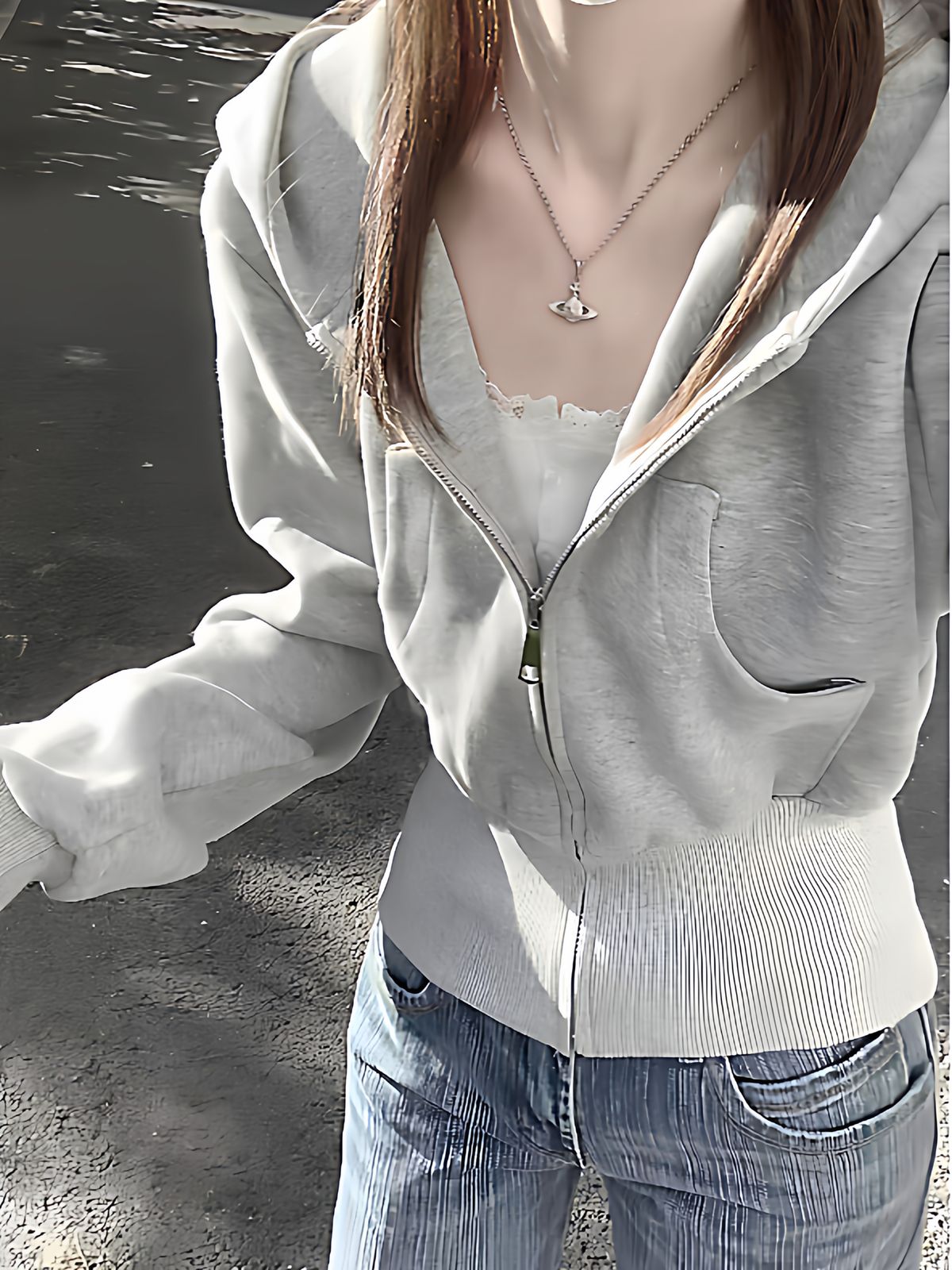 Gray Off-Shoulder Zipper Hooded Sweatshirt Jacket For Women, New Autumn Winter Lazy High-End Short Slim Cardigan Top_ecoleips.com