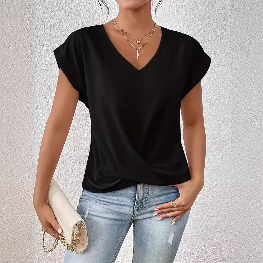 Women's Clothing Women's Elegant V-Neck T-Shirt Solid Color Short Sleeve Top For Spring And Summer Fashion Comfortable Fit_ecoleips.com