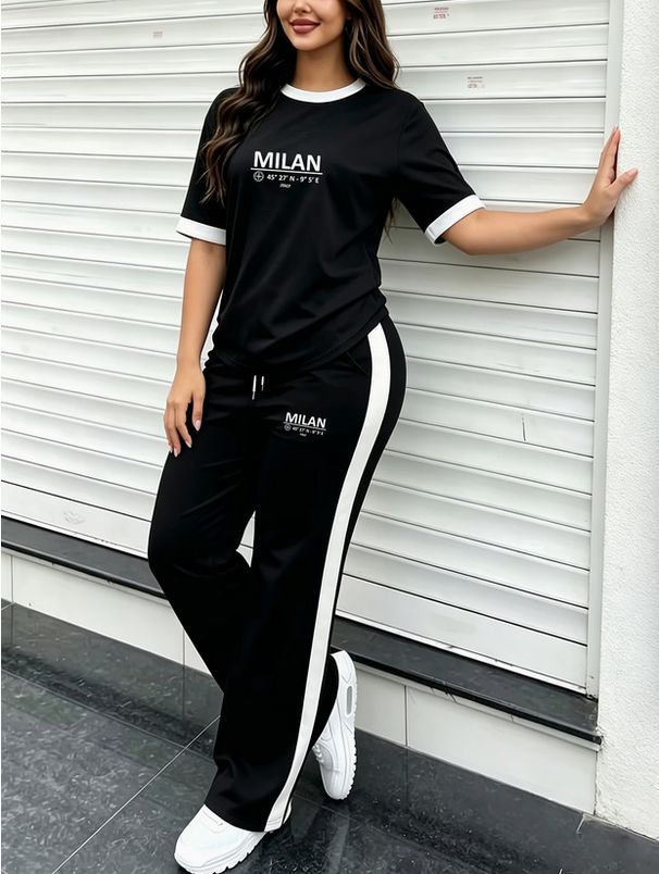 Women's Summer Milan Letter Print Two Piece Set Fresh Short Sleeve Top And Sweatpants 8002 Print_ecoleips.com