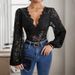 Women's Long Sleeve Lace Jumpsuit – Elegant V-Neck Romper With Sheer Mesh Panels (Black, S-XL)_ecoleips.com