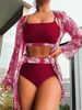 Verve 2025 New Maple Leaf Print Long Sleeve Patchwork Bikini Three-Piece Set Swimsuit For Women Russia_ecoleips.com