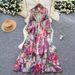Elegant French-Inspired Embellished Beaded Collar Long Sleeve Printed Wrap Dress With Belt & Button Closure_ecoleips.com