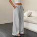 Summer Women's Casual Wide Leg Pants Textured Fabric Solid Color Knotted Waist Slanted Pockets_ecoleips.com