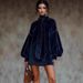 Women's Western Retro Style High Neck Suede Dress Autumn Winter New Bow Dress_ecoleips.com