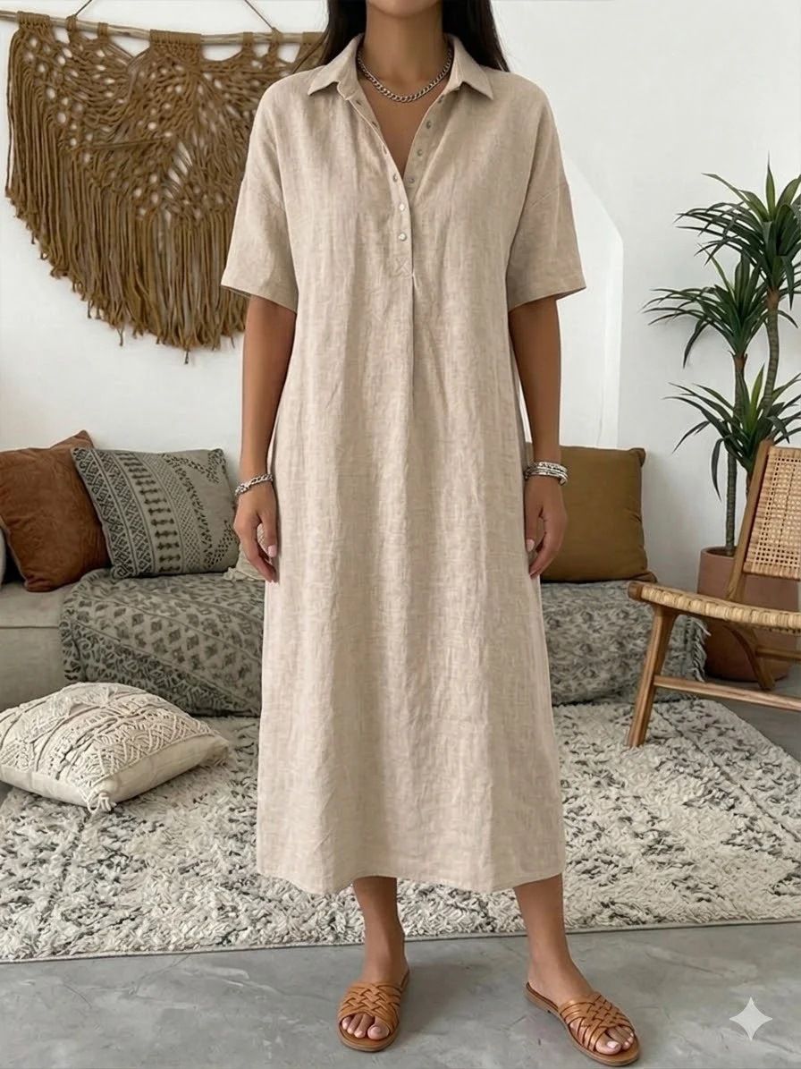 Women's Casual Linen Short Sleeve Polo Dress - Breathable Straight Cut Summer Dress With Comfortable Collar (Multiple Colors & Sizes)_ecoleips.com