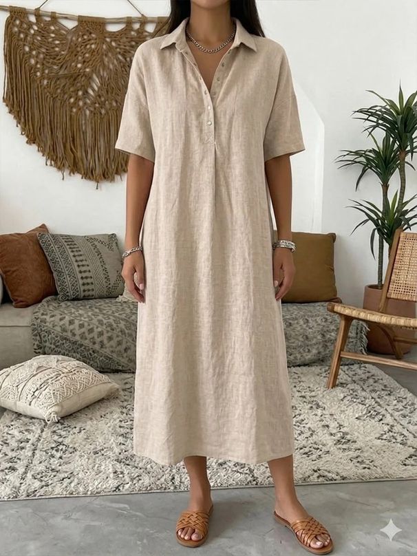 Women's Casual Linen Short Sleeve Polo Dress - Breathable Straight Cut Summer Dress With Comfortable Collar (Multiple Colors & Sizes)_ecoleips.com