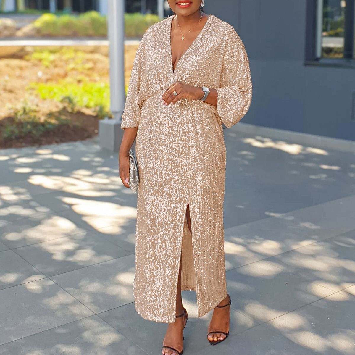 D3308 Women's Autumn New Item Loose V-neck Fashionable Sequin Slit Long Skirt Plus Size Dress_ecoleips.com