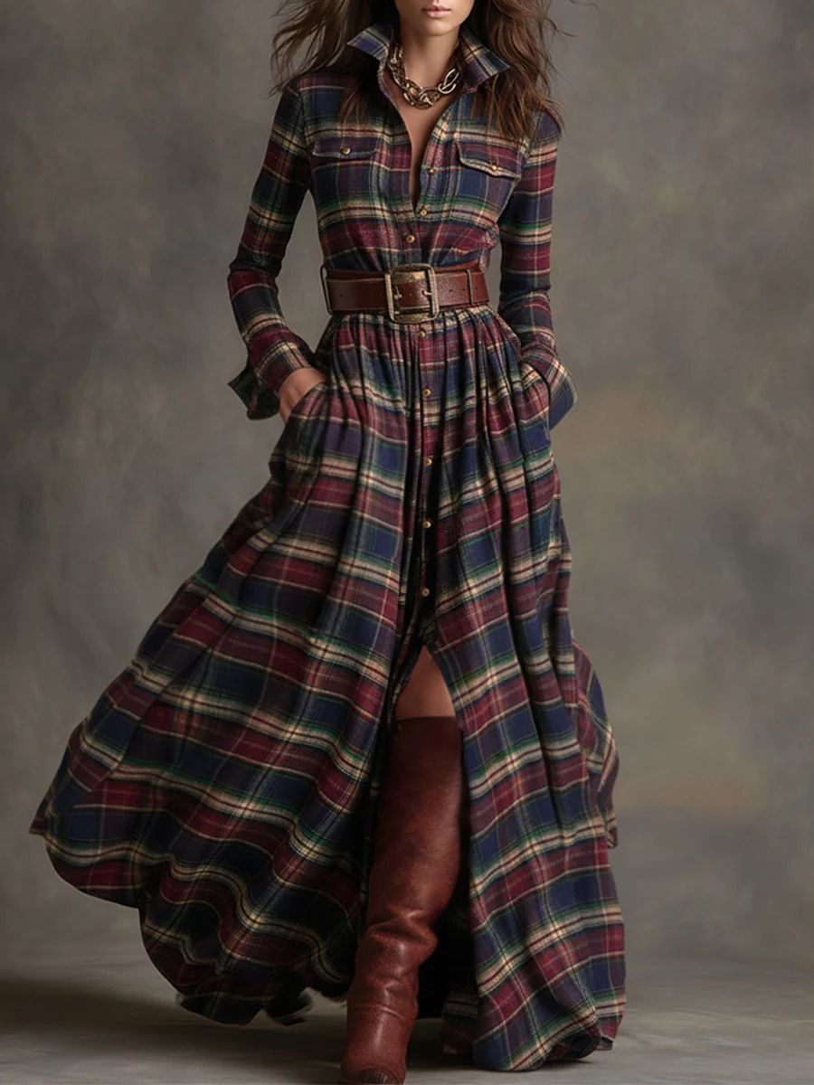 Plus Size Women's French Retro Plaid Slimming Dress With Free Belt Irregular New Arrival From_ecoleips.com