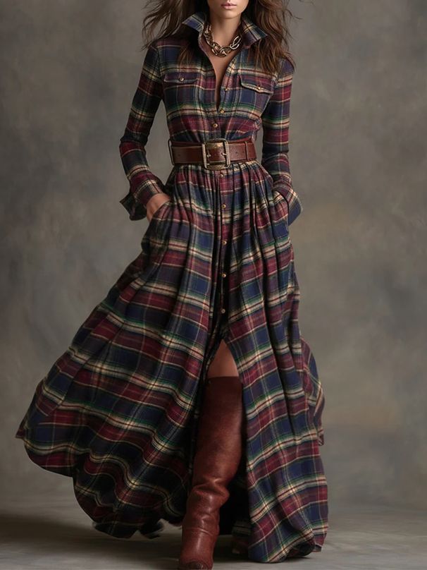 Plus Size Women's French Retro Plaid Slimming Dress With Free Belt Irregular New Arrival From_ecoleips.com