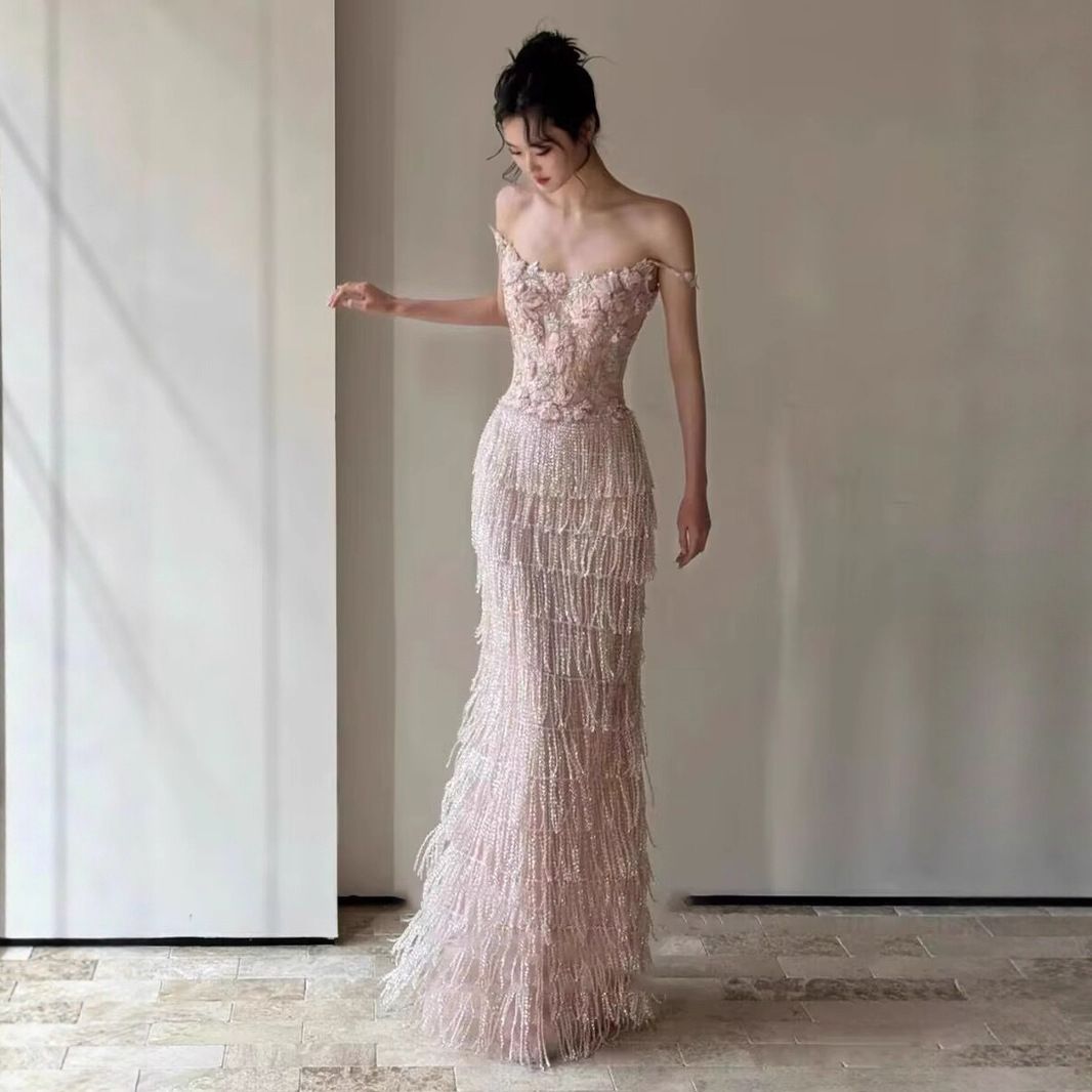 Heavy Duty Evening Gown Slimming Banquet Dress For Women High-End Pink Mermaid Style Birthday Emcee Toast Dress_ecoleips.com