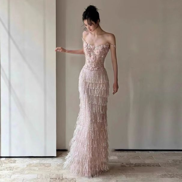 Heavy Duty Evening Gown Slimming Banquet Dress For Women High-End Pink Mermaid Style Birthday Emcee Toast Dress_ecoleips.com