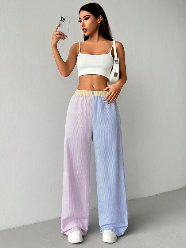 Women's Clothing Stripe Print Elastic Contrast Color Stitching Waist Loose Wide Leg Pants Drape Color Matching Casual Pants_ecoleips.com