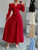 Women's Clothing Women's Elegant Light Luxury Pleated Dress Style Solid Color Cross Neck Full Swing For Formal & Casual For Women_ecoleips.com