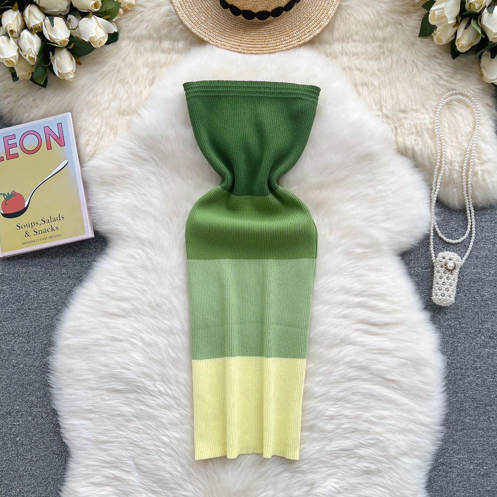 Women's Strapless Knitted Dress - Contrast Color Slim-fit Bodycon Dress For Summer - Light Mature Style & Hip Hugging Design_ecoleips.com
