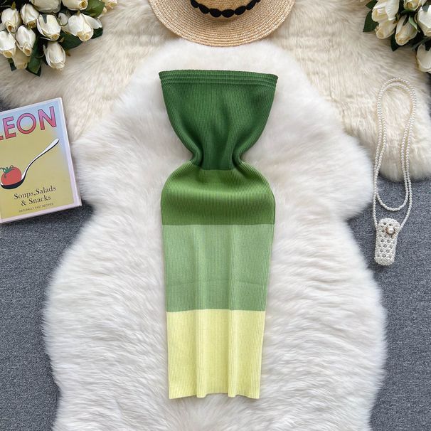 Women's Strapless Knitted Dress - Contrast Color Slim-fit Bodycon Dress For Summer - Light Mature Style & Hip Hugging Design_ecoleips.com