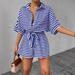 Women's Striped Collared Cardigan Button Down Mid Sleeve Jumpsuit With Belt Spring/Summer_ecoleips.com