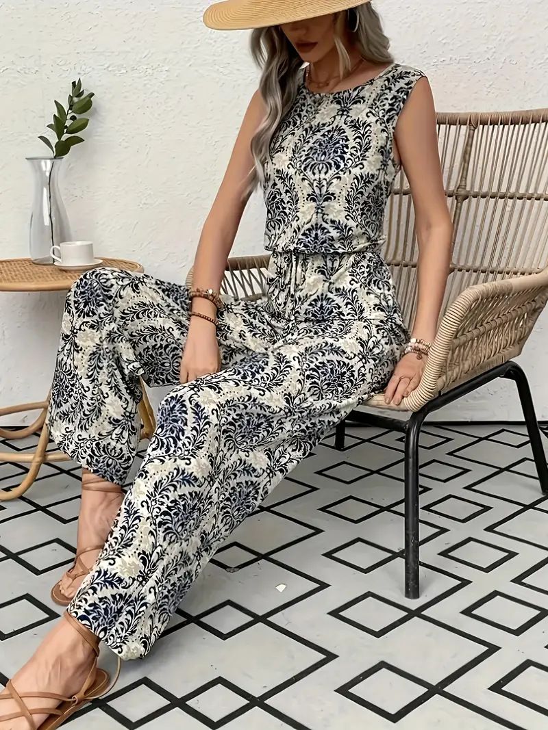 Summer Elegant Printed Women's Suit Sleeveless Top And Wide Leg Pants European And American Style Export_ecoleips.com