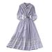 Women's Retro Style Geometric Embroidered Dress Tie Neck Three Quarter Sleeve Slim Fitting Elegant Knee Length Summer Skirt_ecoleips.com