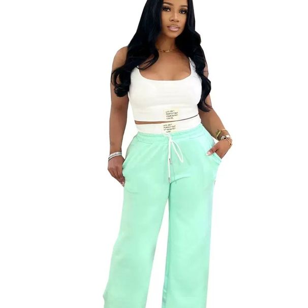 Tw693 European And American Fashion Design Label Sports Vest Women's High-Waisted Drawstring Wide-Leg Pants_ecoleips.com