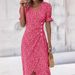 Geometric Print Puff Sleeve Asymmetrical Hem V-Neck Flowy Casual Midi Dress For Women Comfortable Loose Fit_ecoleips.com