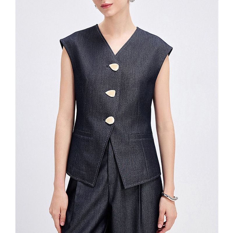 Women's Clothing Blue Casual V Neck Vest Summer Designed Waistcoat Vest Jacket_ecoleips.com