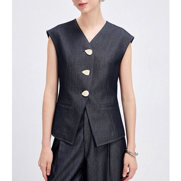 Women's Clothing Blue Casual V Neck Vest Summer Designed Waistcoat Vest Jacket_ecoleips.com