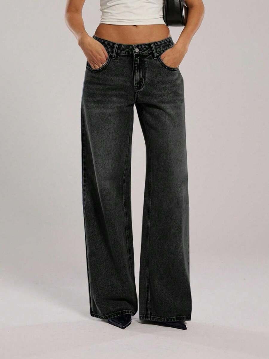 Women's Retro Low-Waisted Wide Leg Jeans Sexy Straight Leg Denim Blue Basic Versatile Washed Jeans For Casual Wear_ecoleips.com