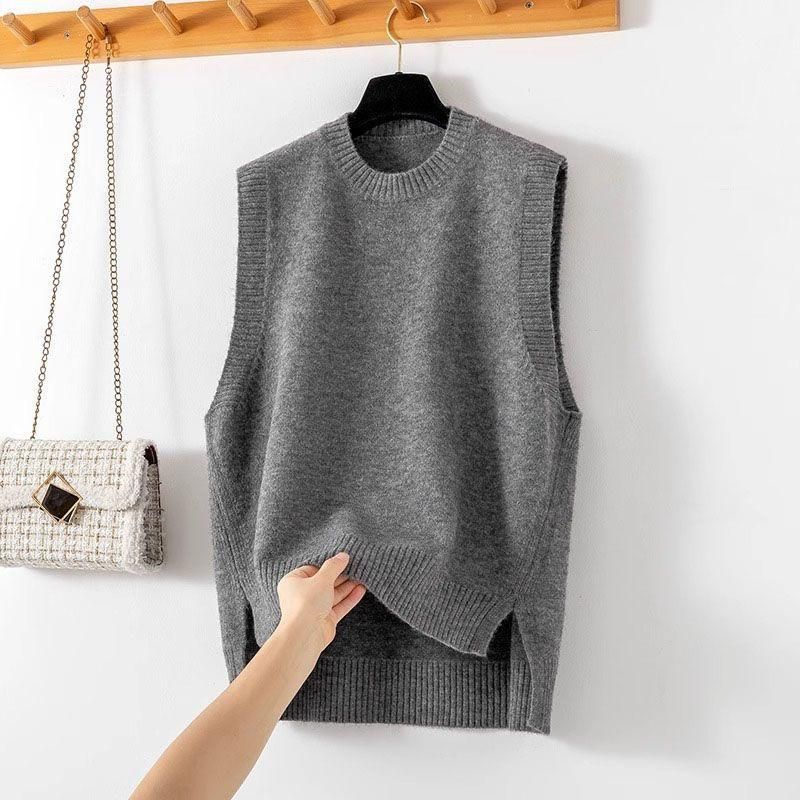Round-neck Pullover Knitted Sleeveless Vest For Women, 2026 New Model With Side Slit_ecoleips.com