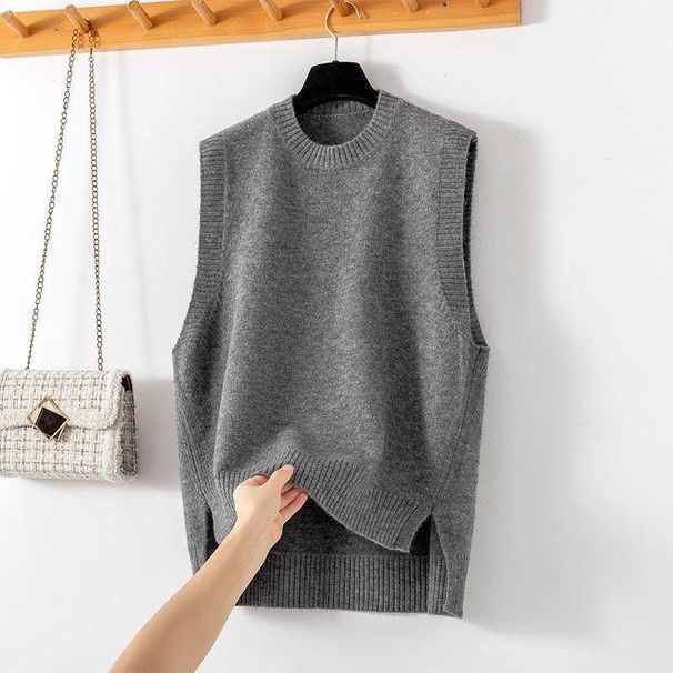 Round-neck Pullover Knitted Sleeveless Vest For Women, 2026 New Model With Side Slit_ecoleips.com