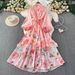 Elegant French-Inspired Floral Embroidered Dress With Button Front & Waist Tie - Flowy Maxi Dress For Women_ecoleips.com