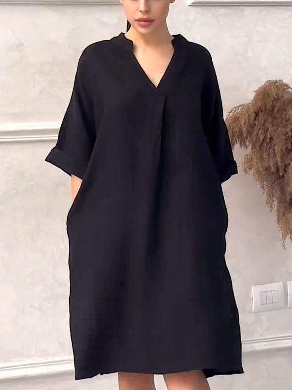 Women's Clothing Fashion Leisure Cotton And Linen Ladies V Neck Loose Large Size Dress_ecoleips.com