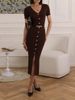 Women's Clothing Slim Fit Long Dress Spring Summer Russian Knitted V Neck Single Breasted Short Sleeve_ecoleips.com