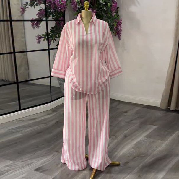 Women's Summer Lounge Set - Pink Striped Notch Collar Shirt With Wide Leg Trousers_ecoleips.com