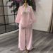 Women's Summer Lounge Set - Pink Striped Notch Collar Shirt With Wide Leg Trousers_ecoleips.com