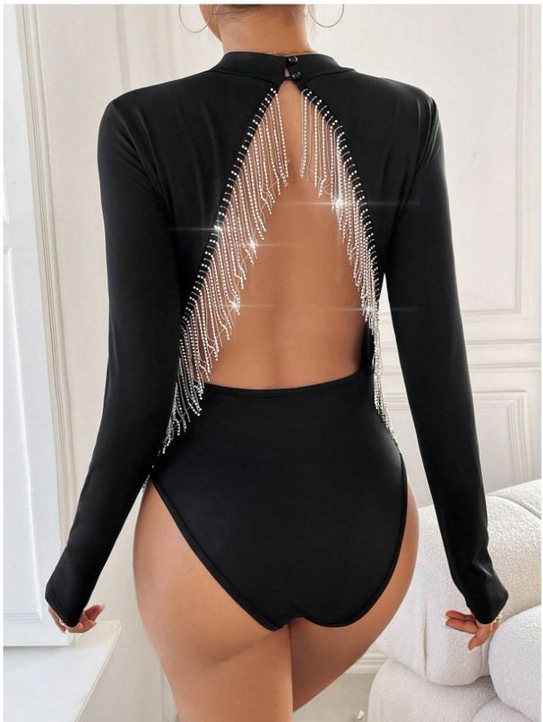 Sexy Long Sleeved Slim Bodysuit for Women European And American Style with Hot Design Hollowed out Back Tassel And Rhinestone Chain_ecoleips.com