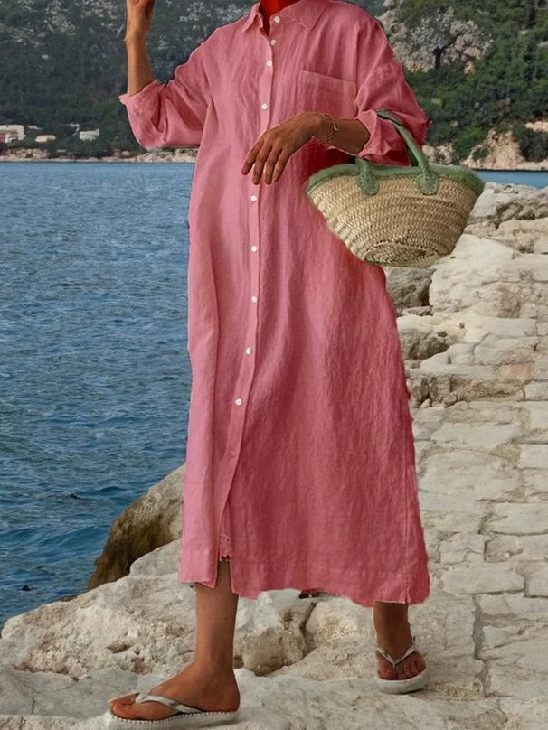 Women's Linen Blend Shirt Dress – Oversized Long Sleeve Button-Down Tunic (S-5XL, White/Pink/Black/Brown/Navy)_ecoleips.com