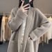 Women's V-Neck Knit Cardigan – Mid-Length Loose Fit, Solid Color, Pockets, All-Season Layering (White/Khaki, One Size)_ecoleips.com