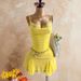 Pale Yellow Lace Slip Dress Pure Alluring Fitted Waist Pleats Mesh Ruffles Fishtail Hem Elegant Bodycon Silhouette Women's Dress_ecoleips.com