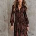 Women's Clothing Retro Print Long Dress Fashion Slim Waist V Neck Puff Sleeve Women's Clothing_ecoleips.com