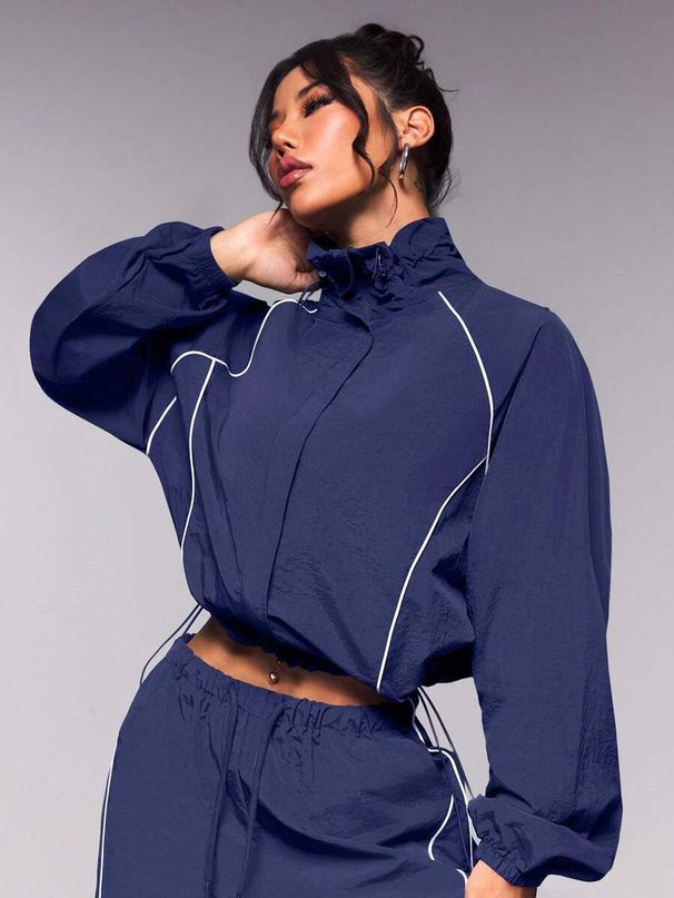 Trendy Contrast-Trim Women's Zip-Up Jacket & Jogger Pants Set – Streetwear Activewear (S-XL) | Lightweight Polyester For Summer_ecoleips.com