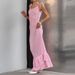 Sexy Off Shoulder Bow Tie Up Suspender Dress Elegant Sleeveless Hollow Slim Knitted Dress Fashion Ruffle Edge Solid Long Dress_ecoleips.com