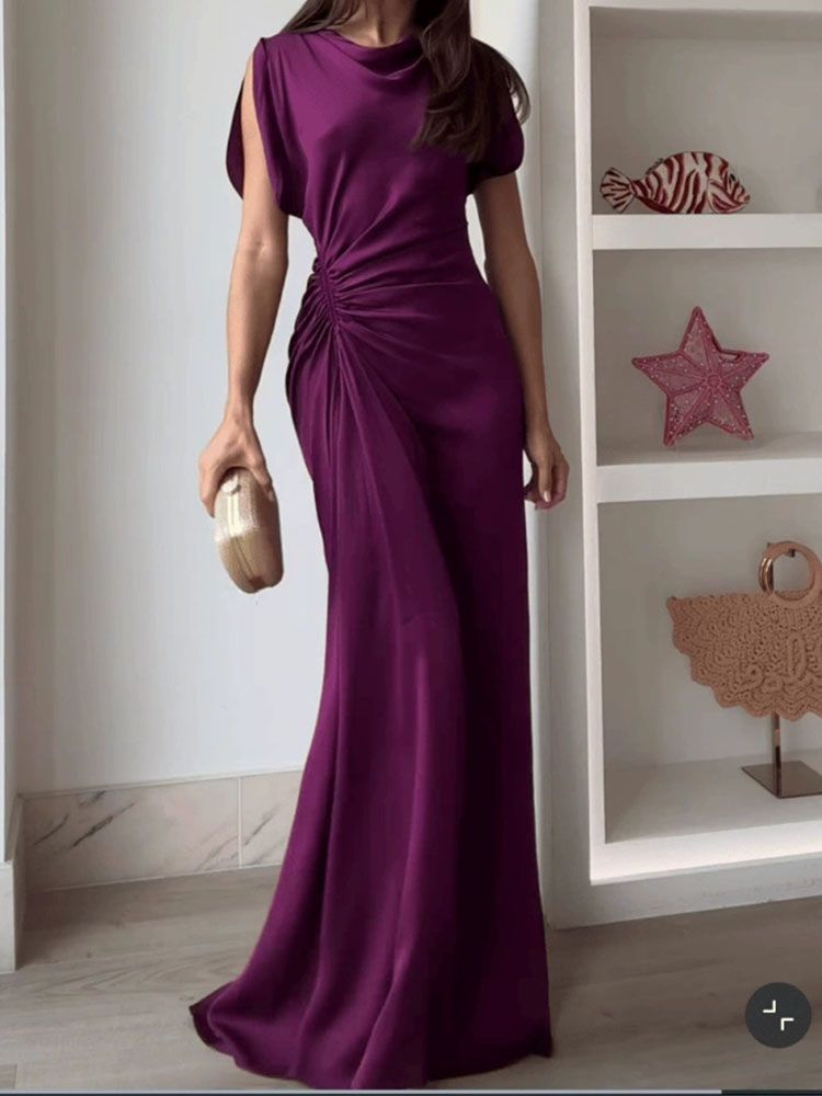 Casual O-neck Draped Gowns Dress Elegant Hight Waist Slim Fit Evening Dress Vestidos Women Fashion Temperament Solid Long Dress_ecoleips.com