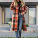 Women's Trendy Plaid Long Trench Coat Lapel Collar Loose Fit Long Sleeve Side Slit Design Fashion Casual Outerwear_ecoleips.com