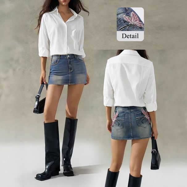 Women's High-Waisted Retro Distressed Embroidered Denim Mini Skirt Slimming Bodycon Sexy Cross-Border Exclusive_ecoleips.com