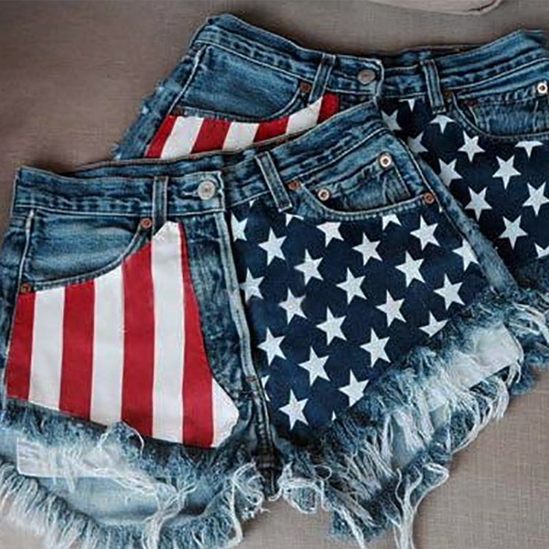 Women's Denim Shorts American Flag Tassel Star Printed Independent Station Cross Border Jeans European And American Style_ecoleips.com